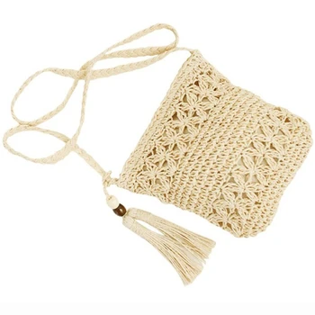 

Women Messenger Bags Hollow Out Woven Single Shoulder Crossbody Tassel Beach Casual Straw Bag For Women Girl Bags(Beige)