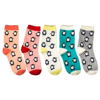 

5 Pairs Cute Cartoon Penguin Animal Print Women Crew Socks Cotton Hosiery Gifts