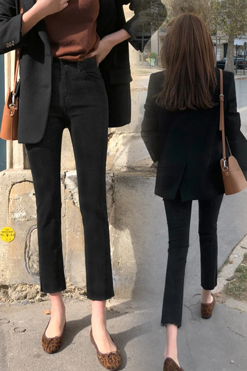 FINEWORDS, осенние корейские стильные джинсы размера плюс с расклешенным низом, обтягивающие винтажные черные джинсы с высокой талией, Стрейчевые расклешенные джинсовые штаны для женщин