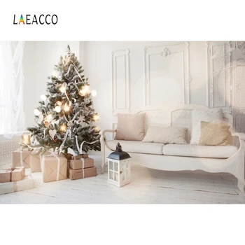 

Laeacco Christmas Photo Backgrounds Vintage Wall Tree Gifts Sofa Pillow Light Photography Backdrops Interior Portrait Photophone