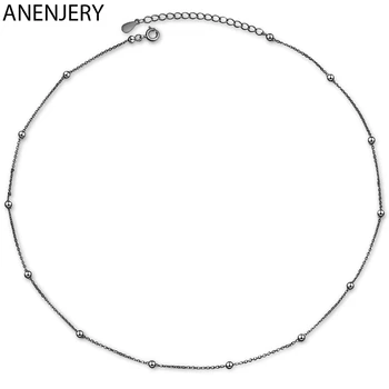 

ANENJERY Fashion Simple 925 Sterling Silver Black Gun Plated Round Ball Necklace Clavicle Chain Necklace For Women Party S-N511