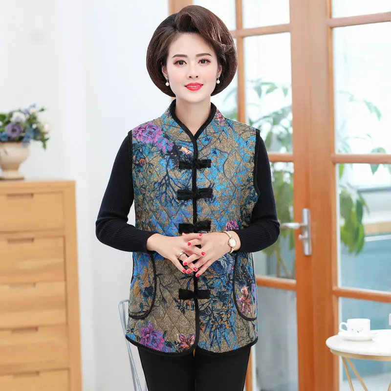

Oriental Button Design Quilted Vests Women Ethnic Pattern Warm Thick Padded Waistcoat Female Vintage Puff Herringbone Gilet Wear