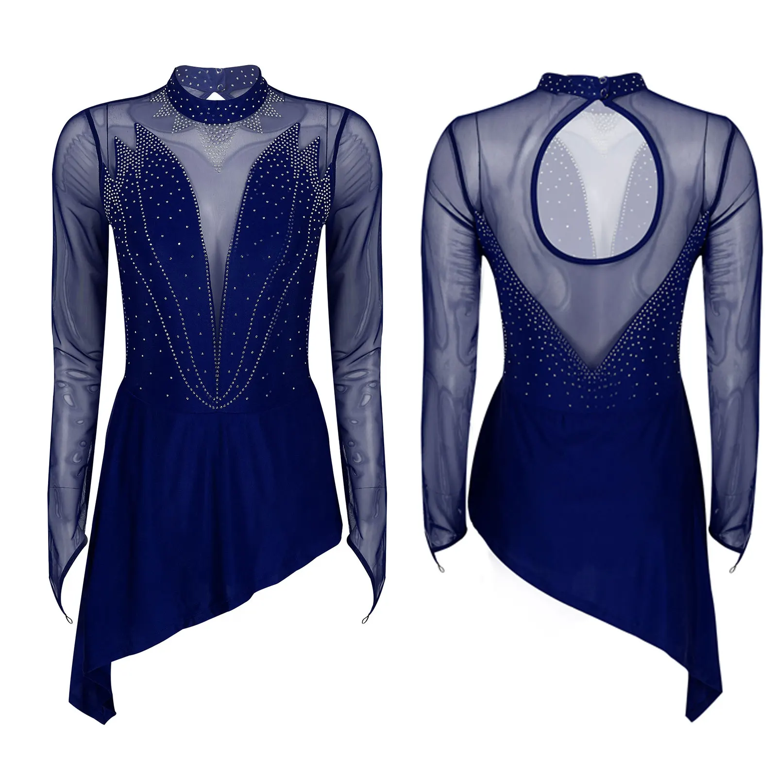 thumbnail image 1 of Vestido de patinaje sobre hielo para mujer, vestido Halter de malla con diamantes de imitación, manga larga recortada, vestido de baile de Ballet, disfraz gimnástico, vestidos de leotardo, 1 of 5