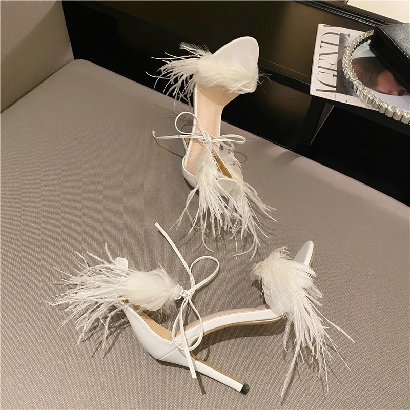 2021 New Fashion With Feather Open Toe Strap High Heels Summer Sexy Ankle Lace-Up Sandals Clear Heel Women Party Shoes