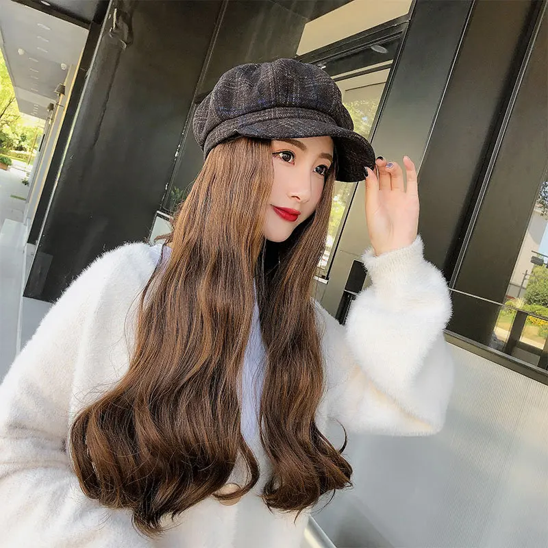 New Women Long Hair Hat Female Autumn Winter Fashion Caramel Color Retro Grid Beret Hat with Wave Wig For Lady Girls F35705AD