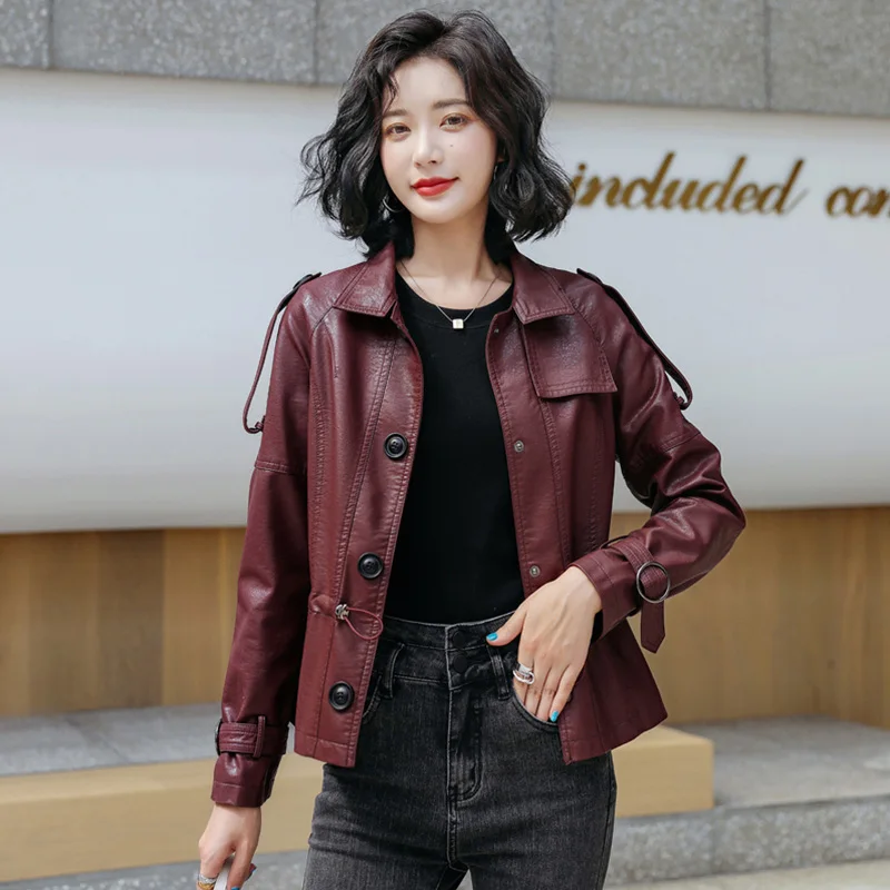 M-5XL Women Leather Jacket Spring Autumn Winter 2023 Fashion Turn Down Collar Drawstring Loose Sheepskin Coat Outerwear Female