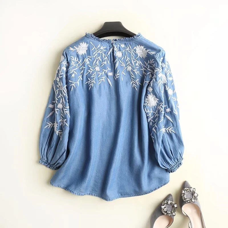 Embroidery Denim Blouse Women Light Blue Soft Jeans Blouses Hem O Neck Three Quarter Sleeve Ruffles Casual Shirt Sweet Top 2
