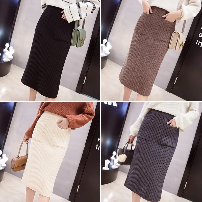 

Mid-length Knitted Dress Women's Photo Shoot 2019 Autumn And Winter High-waisted over-hip kuan A- line Skirt Half-length Skirt
