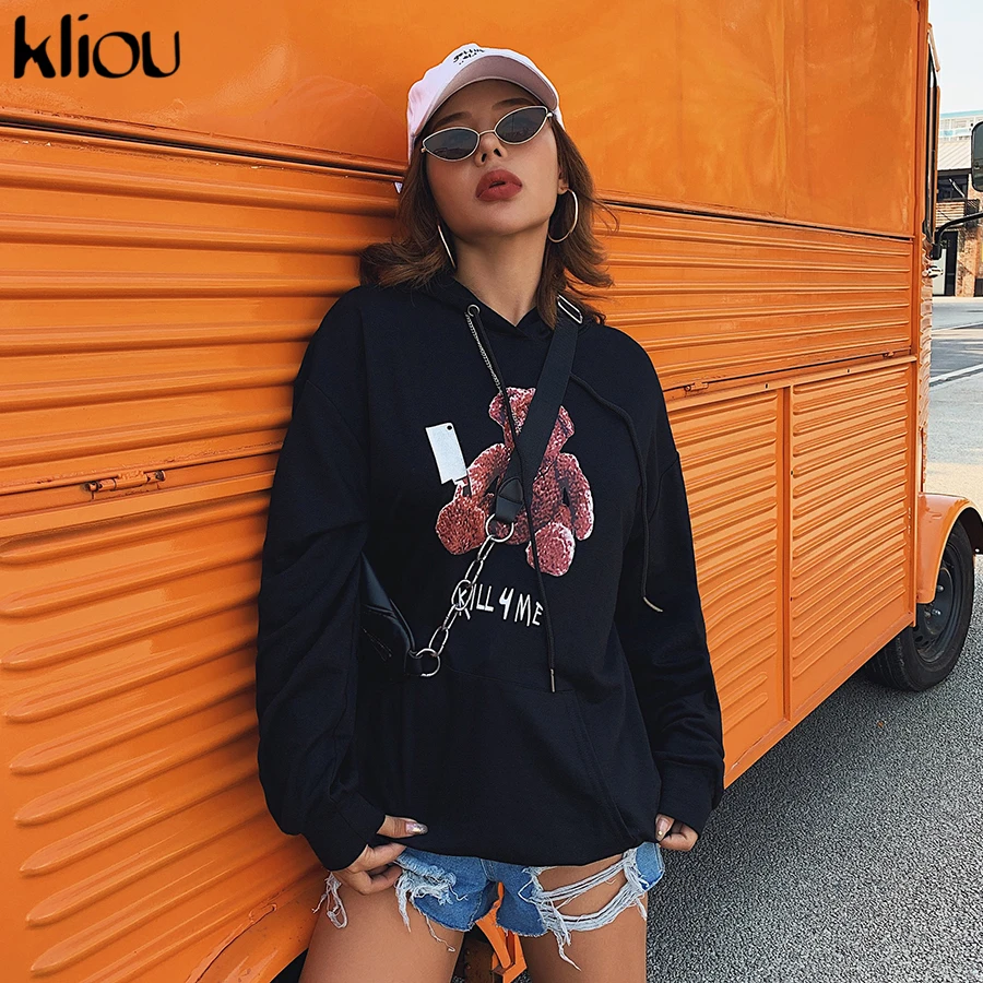 Kliou толстовки женские толстые плюс бархат теплые Harajuku печатных пуловеры женские s негабаритных балахон досуг Draw string свитшоты