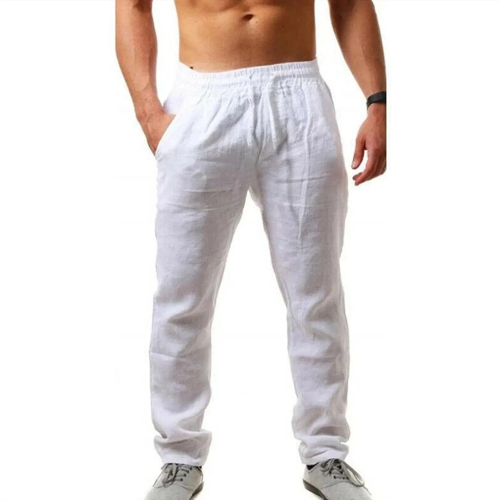 Calça masculina de linho com algodão cintura elástica adulto