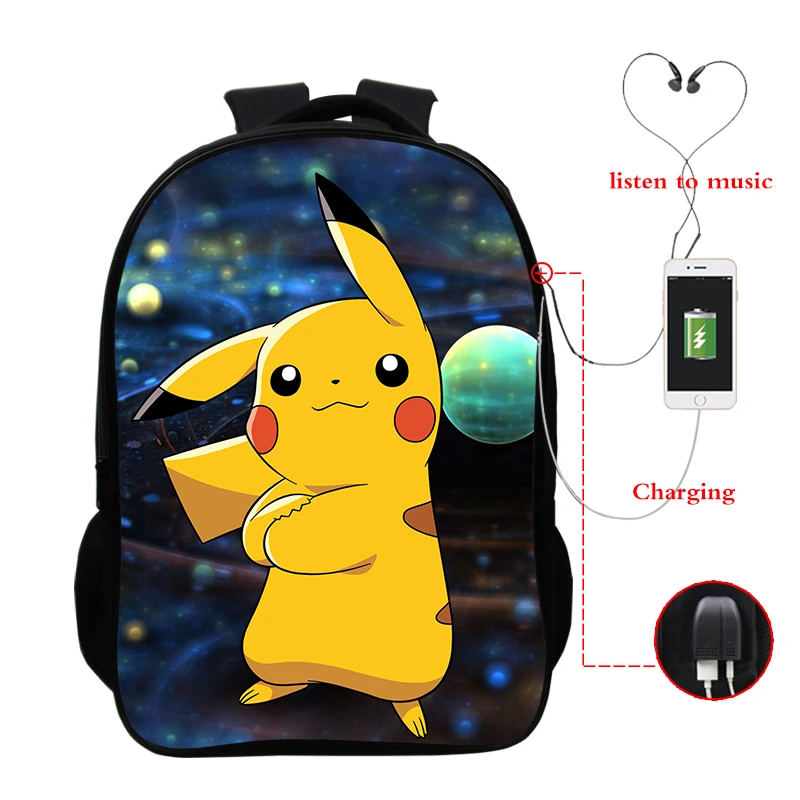 Galaxy Pikachu, школьный рюкзак, сумка, 3d принт, 16 дюймов, зарядка через Usb, рюкзак для колледжа, студентов, рюкзаки, Покемон, школьный рюкзак, Sac A Dos