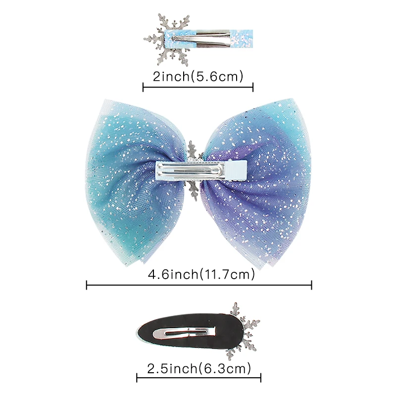 3 шт./компл. принцесса бант для волос из органзы для девочек, из PU искусственной кожи со снежинками, заколки для волос, градиентные сетки Заколки для волос серебристого цвета с блестками оснастки танцы