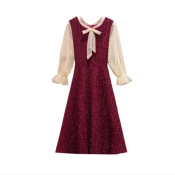 

Large size women's 2020 New Arrival autumn decoration was thin Fashion long-sleeved Mesh Stitching Midi dress