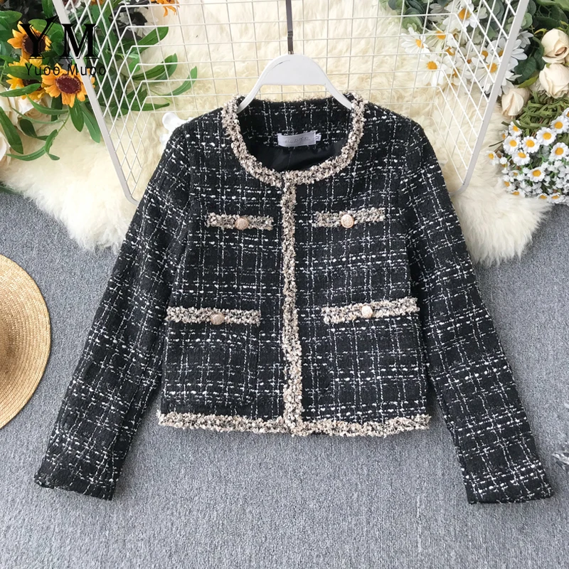 

YuooMuoo 2019 Spring Autumn Women Short Wool Plaid Coat Brand Design O Neck Woolen Jacket Slim Vintage Women Coat casaco feminin