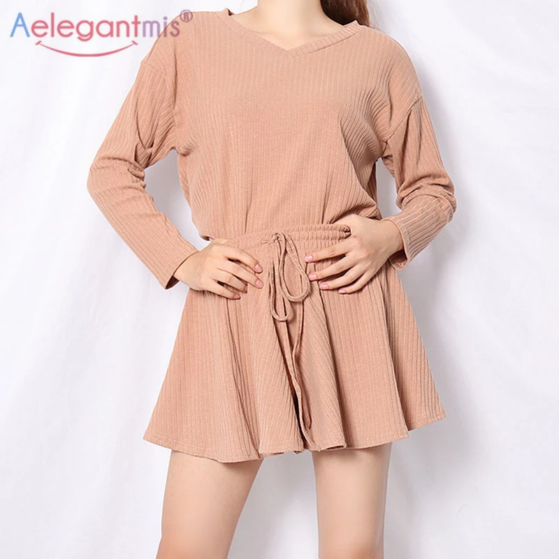 Aelegantmis 2 Piece Sets Cozy V Neck Long Sleeve Loose Tops Elastic High Waist Wide Leg Shorts Women Suit Korean Chic Sportswear |