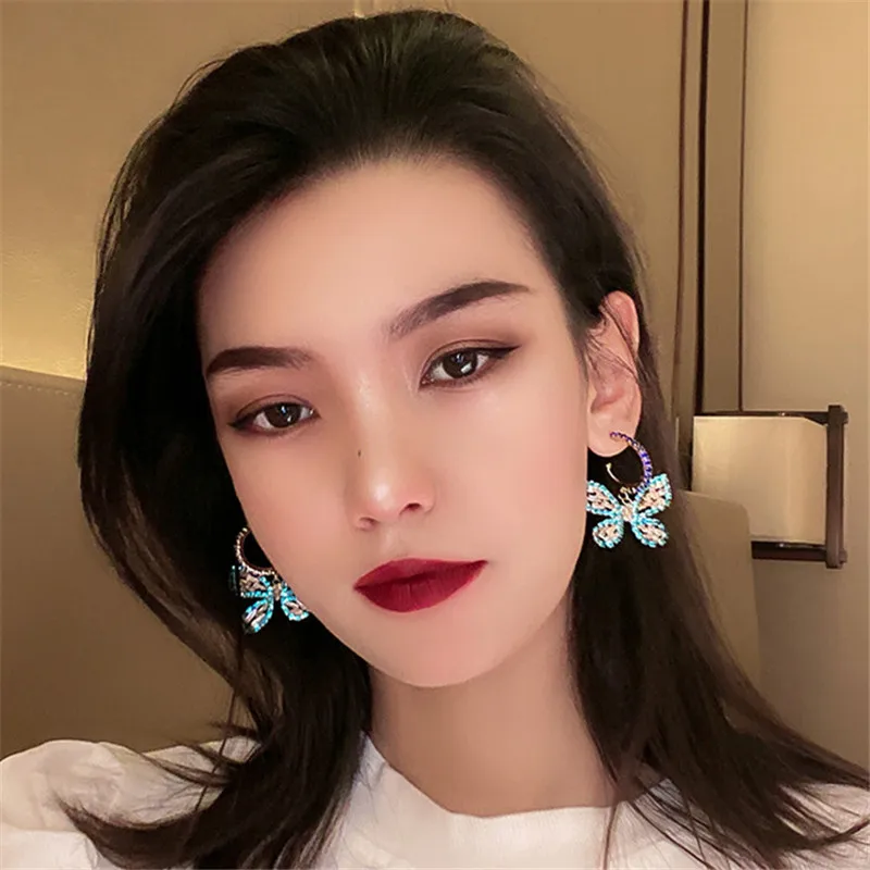 FYUAN New Style Golden Butterfly Zircon Crystal Dangle Earrings for Women Blue Rhinestone Weddings Party Jewelry Accessories