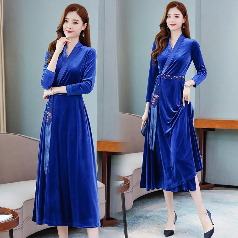 

2019 Winter New Style Chinese-style Embroidery Dress-Style Retro Embroidery Long-sleeved Dress Women's