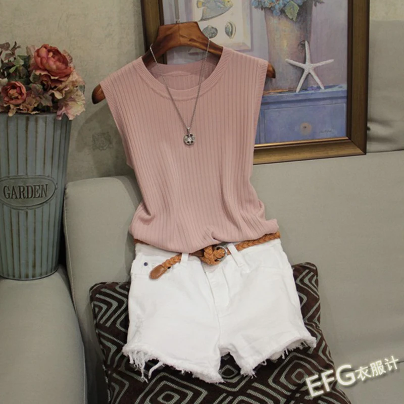 Knitted Vests Women Top O-neck Solid Tank Fashion Female Sleeveless Casual Thin Tops 2022 Summer Knit Woman Shirt Gilet Femme