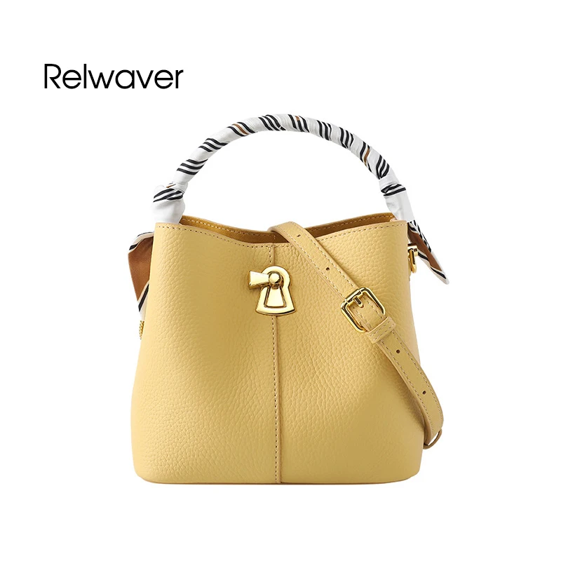 

Women shoulder bag genuine lychee cow leather bucket mini yellow apricot blue yellow chain fashion stylish cross body handbag