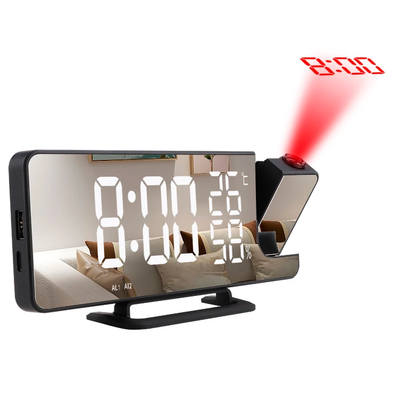 알람 시계 디지털 테이블 FM 라디오 듀얼 LED 프로젝션 시계, 기상 거울 온도 습도 측정기, 침대 옆 스누즈 시계