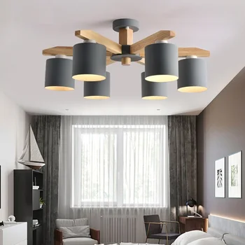

Modern LED Chandelier E27 With Iron Lampshade Nordic Chandelier For Living Room Suspendsion Lighting Fixture Wooden lighting LED