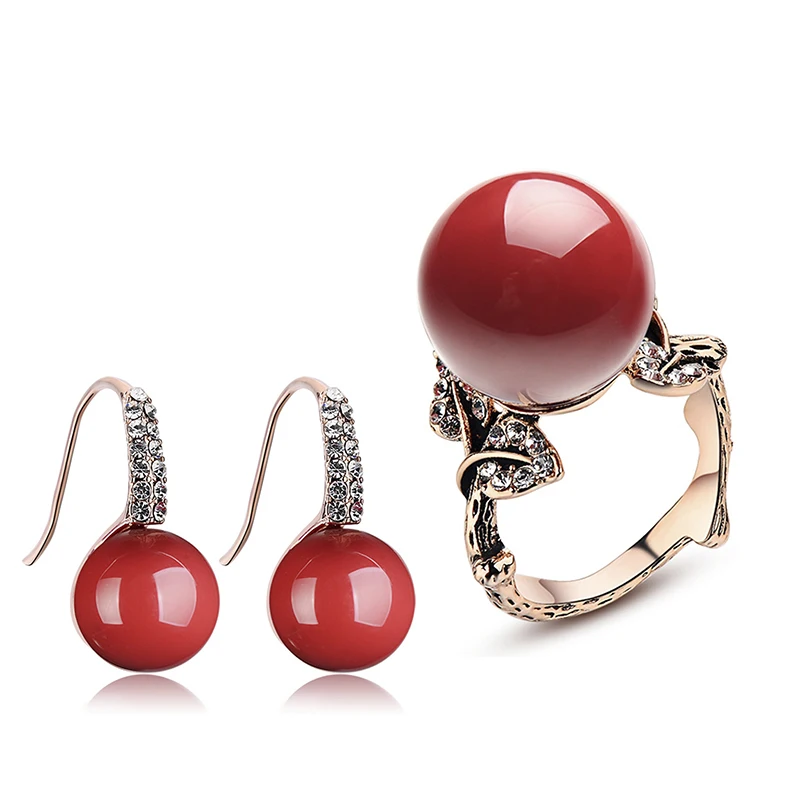KCALOE красная Коралловая Серьга, наборы свадебных ювелирных изделий, роскошный кристалл, кубический цирконий, розовое золото, винтажное резное кольцо, ювелирный набор - Окраска металла: earrings ring