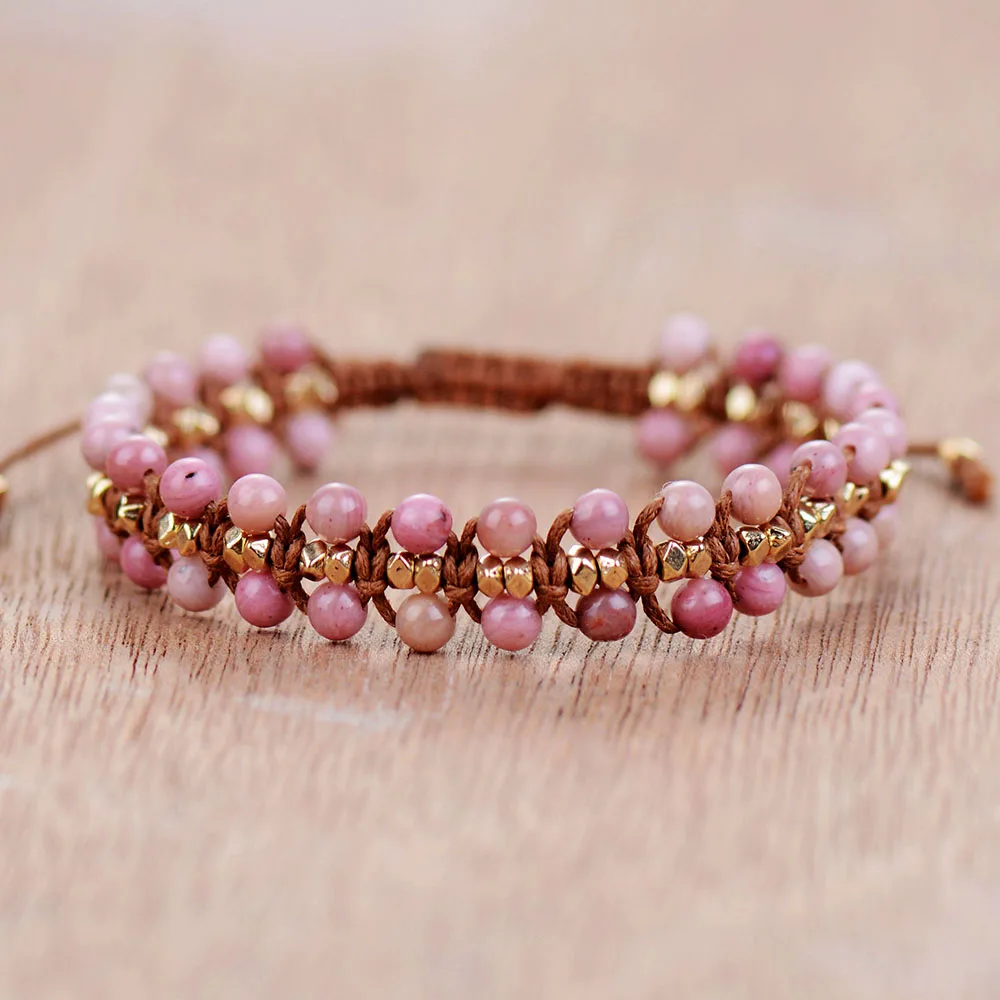 Unique Rhodonite Gold Beads Wrap Bracelets Wholesale Handmade Bohemia Weaving Bracelet Birthday Gift Boho Jewelry Dropship