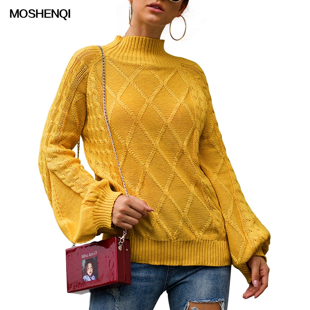 

MOSHENQI Winter Woman Sweater Knitting Pullovers Yellow Sweater Plus Size Lantern Sleeve Winter Tops Jumpers Ladies Pull Femme