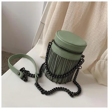 

Green Tassel Bucket Bag Flap PU Leather Handbags Purse For Women Casual Bag Ladies Crossbody Shoulder Bags Girls Phone Bag Bolso