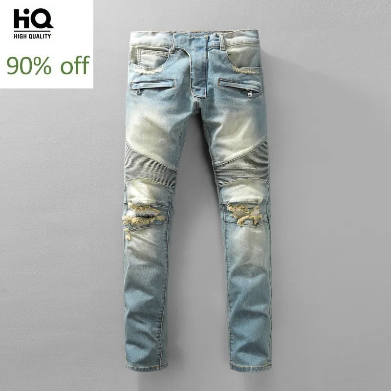 

European Style Biker Jeans Men High Street Mens Hole Ripped Jeans Vintage Washed Skinny Denim Pants Men Plus Size Zippers Casual