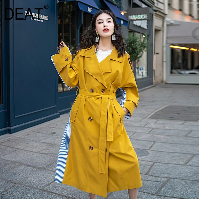

[DEAT] 2019 New Spring Summer Lapel Long Sleeve Double Breasted Hit Color Spliced Windbreaker Women Trench Fashion Tide 13D424