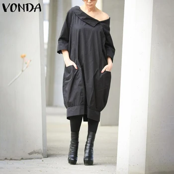 

VONDA 2020 Summer Maternity Dress Women Doll collar Solid Color 3/4 Sleeve Knee-Length Dresses Loose Split Hem Button Sundress
