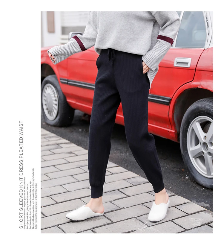 Knitted Harem Pants Women Drawstring Skinny Pants Mid Waist Trousers Pockets Knitted Striped Sweatpants Pantalon Femme 7285 50