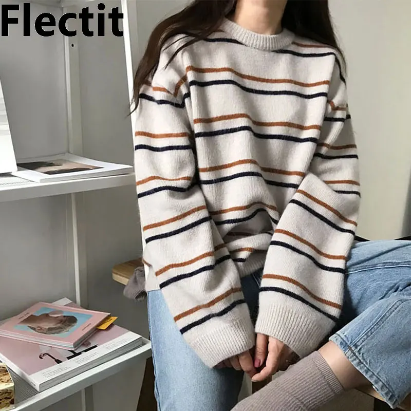 

Flectit Oversized Crew Neck Striped Sweaters Womens Pullovers Soft Knitted Jumper School Girl Harajuku Fall Winter Tops *