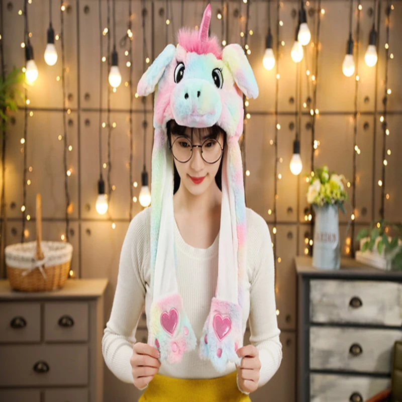 Unicorn Animal Ear Hat Plush Bunny Ears Moving Jumping Up Toys Dress Up Funny Cosplay Party for Kids Christmas Gift for Adult