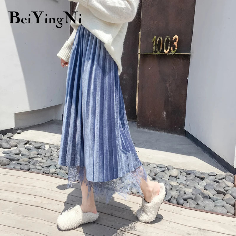 Beiyingni зимняя кружевная плиссированная юбка женская Золотая Бархатная сетчатая фатиновая миди юбка Женская Saia Повседневная тонкая элегантная модная одежда