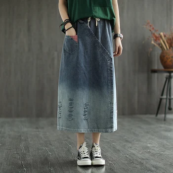 

Denim Skirt Bleached Pockets Distressed Blue Mid-calf Retro Vintage Skirt Elastic Waist AZ19381730