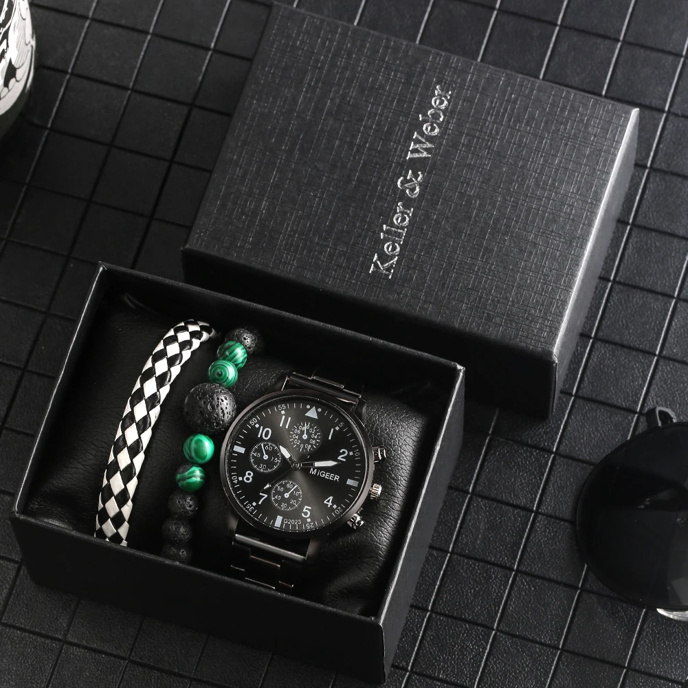Fashion Sports Men's Watches Luxury Leather/Steel Strap Quartz Watch Bracelet Set Best Gifts in Box for Husband 2024 Wristwatch