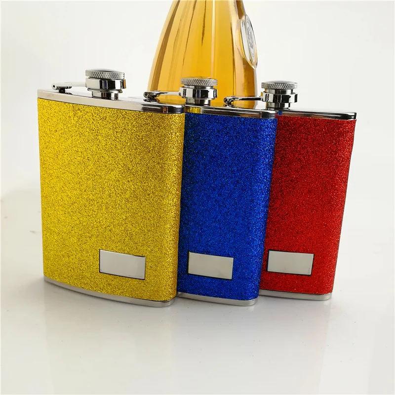 

8 oz stainless steel glitter color leather hip flask with Square in the right corner