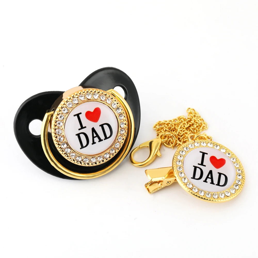 Luxury Golden I Love Mum Bling Pacifier with Chain Clip Newborn Baby Boy Girl Dummy Nipples Food Grade Silicone Pacifier Soother