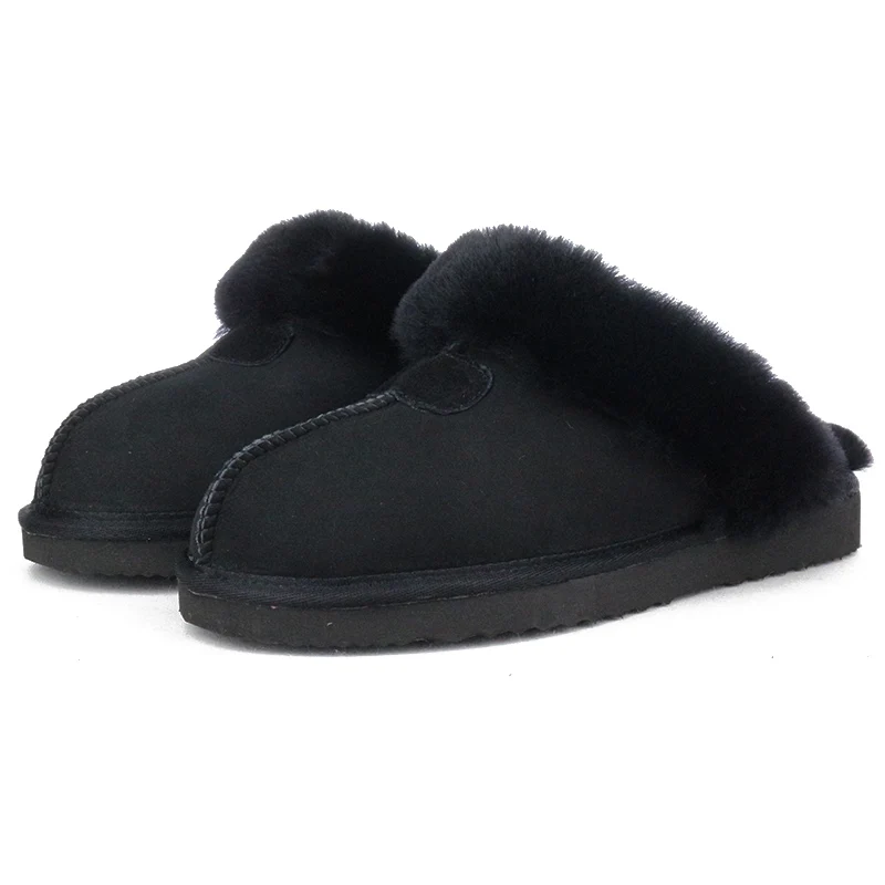 UVWP женская домашняя обувь из натуральной овечьей кожи с натуральным мехом; зимние тапочки для женщин; домашняя обувь; теплые шерстяные тапочки - Цвет: black