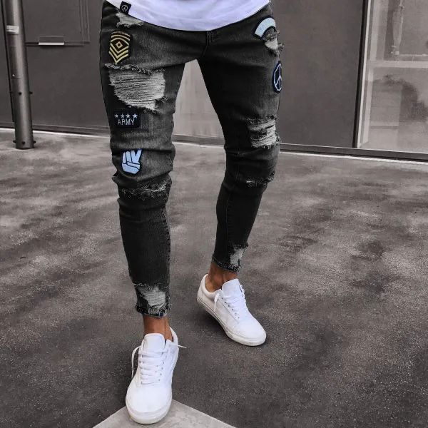 Мужские рваные джинсы с вышивкой в стиле хип-хоп - Цвет: Серый
