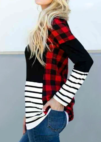 Women Plaid Splicing Striped Long Sleeve T-shirt Female Spring Fall Harajuku Ulzzang Casual Tee Lady Trendy Korean Clothes