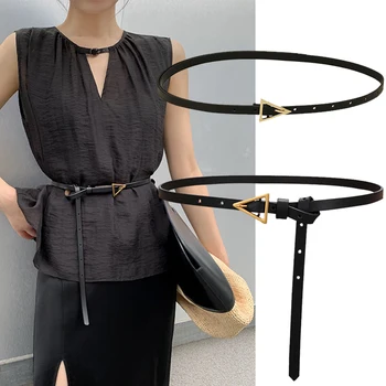 

Women Belts Luxury Brand Casual PU Leather Vintage Belt Ladies Golden Triangle Buckle Women's Trousers Waistband Korean Fashion