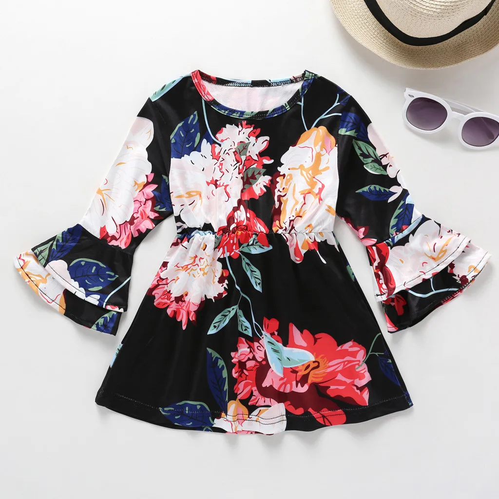 Baby Girl Dresses Clothes Long Sleeve Bow Clothes Dress Girl Winter O-Neck Splicing Print Floral Family Clothes Dress Y89