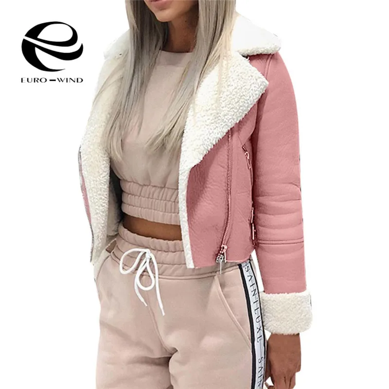 buy Women's Jacket Women Lapel Suede Leather Buckle Cool Pilot Jacket Faux Lamb Wool Motorcycle Jackets