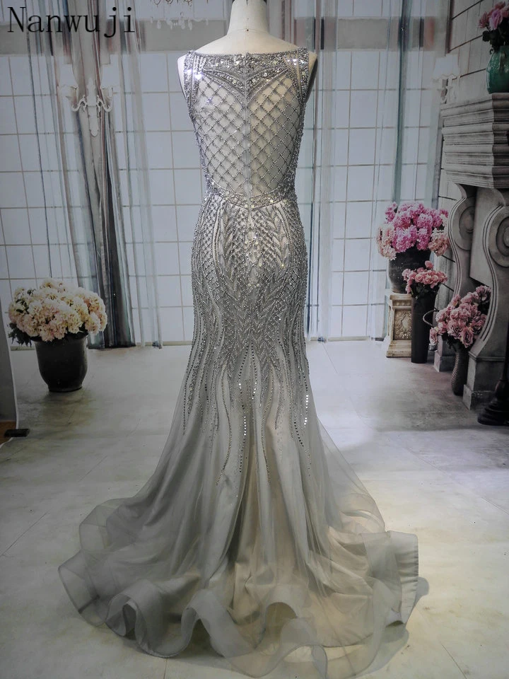 Популярные Роскошные Серые Вечерние платья с высоким воротом и русалочкой, красное вечернее платье с коротким шлейфом, украшенное бисером и кристаллами, Robe De Soiree