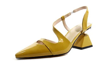 

Kmeioo Women Irregular Heel Sandals Runway High Heels Novelty Strange Style Chunky Genuine Leather Pointed Toe Sandals 8cm