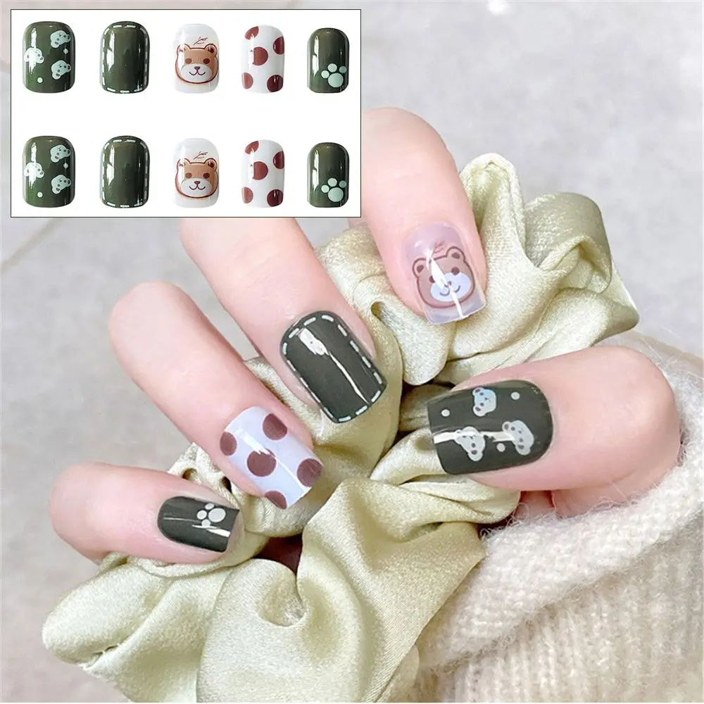 24pcs Short Paragraph Artificial False Nails Full Cover Bear Design Wear Fashion Manicure Patch Press On Fake Art Tips | Красота и