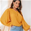 SHEIN Yellow V Neck Striped Autumn Elegant Blouse Top Women Spring Autumn Bishop Sleeve Office Ladies Basic Blouses